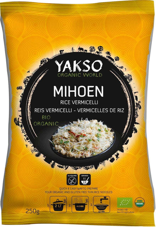 Glutenfreie Fadennudeln BIO von YAKSO, 250 g, trockene Nudeln in einer transparenten Verpackung.