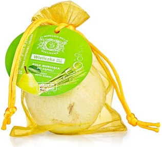 Biogo Badekugel mit Zitronengras und Birne, 110 g, zeigt die sprudelnde Badekugel in der Verpackung.