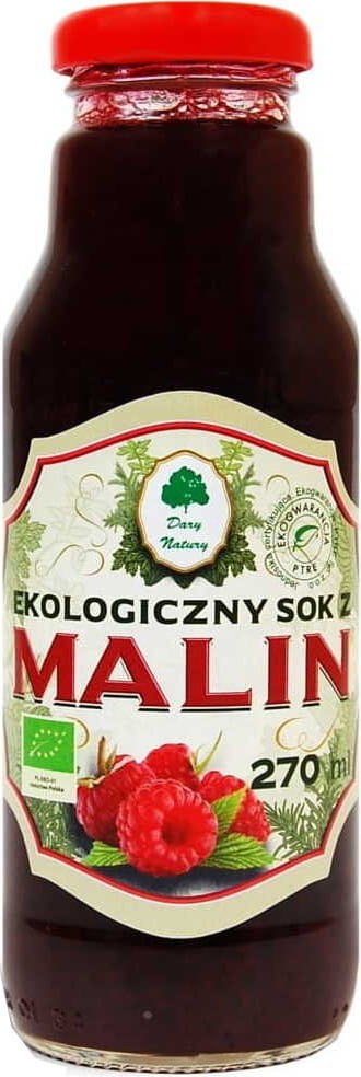 Bio Himbeersaft von DARY NATURY in 270 ml Flasche, frisch und natürlich, zeigt die reifen Himbeeren in der Flasche.