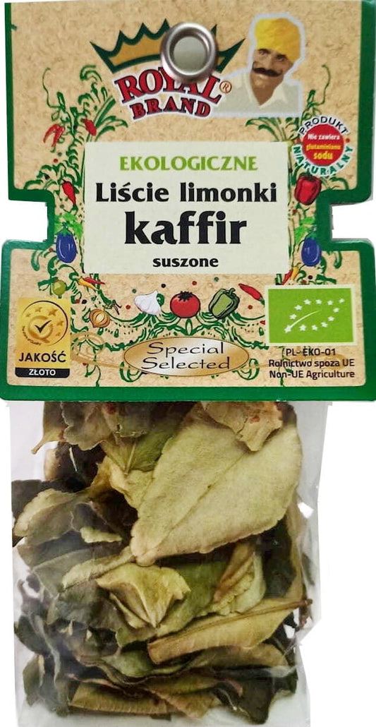 Getrocknete Bio-Kaffirlimettenblätter von ROYAL BRAND, 15 g, mit grünen Blättern und aromatischem Duft.