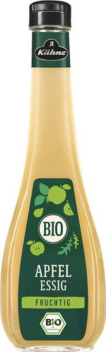 Bio naturtrüber Apfelessig von KUHNE in 500 ml Flasche, sichtbar mit fruchtigem Apfel-Design auf der Verpackung