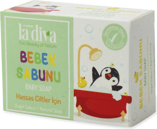 Babyseife von LA DIVA, 120 g, mit sanfter Formel, in einer weißen Verpackung, ideal für empfindliche Babyhaut.