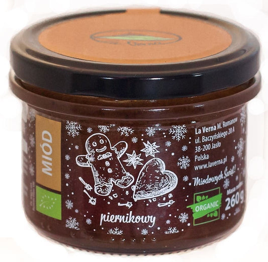 Himbeeren in Bio-Mehrblütennektarhonig von LA VERNA, 230 g, frische Himbeeren und goldener Honig in einem Glas sichtbar