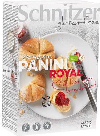 Glutenfreie Mais-Waffelbrötchen BIO von SCHNITZER, 4 Stück à 625 g, frisch und knusprig auf einem Teller.