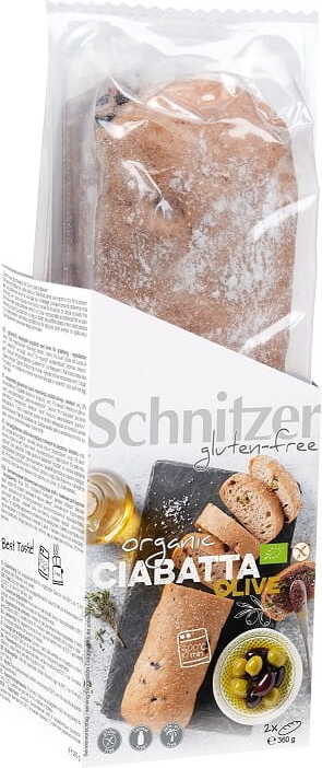 Glutenfreies BIO Ciabatta mit Oliven von SCHNITZER, 2 Stück à 180 g, frisch gebacken, knusprig und aromatisch