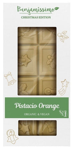 Weiße vegane Weihnachtsschokolade mit Pistazien- und Orangengeschmack BIO 60 g BIOBENJAMIN