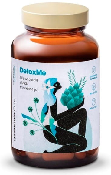 Detoxme 90 Kapseln von HEALTH LABS, natürliche Nahrungsergänzung für Entgiftung und Wohlbefinden, Nahaufnahme der Kapseln in einer Packung