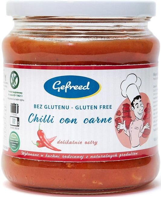 Glutenfreies Chili con Carne von GEFREED in 400 g Dose, cremige rote Bohnen und gewürzte Hackfleischfüllung sichtbar