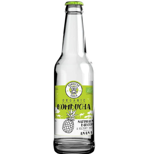 Bio Ananas Kombucha von KOALA KOMBUCHA in 330 ml Flasche, zeigt die frische Ananas und das spritzige Getränk.