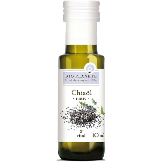 Kaltgepresstes Bio-Chia-Öl von BIO PLANETE in 100 ml Flasche, rohes und unraffiniertes Samenöl, dunkle Flasche, nährstoffreich