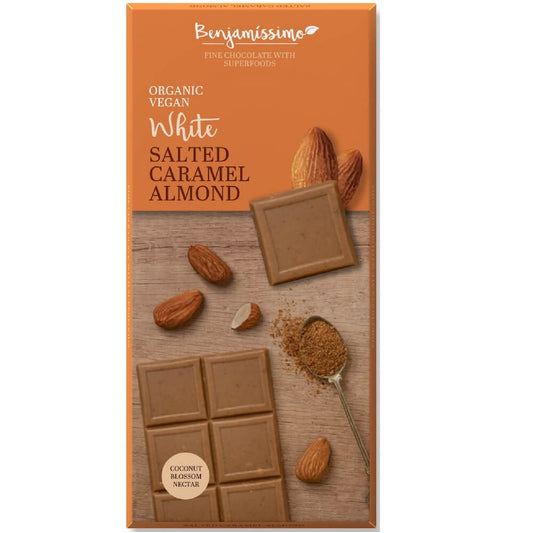 Vegane weiße Schokolade mit salzigem Karamell, Mandeln, glutenfrei, BIO, von HAPPY BENJAMINO, 70 g, Schokoladenstückchen