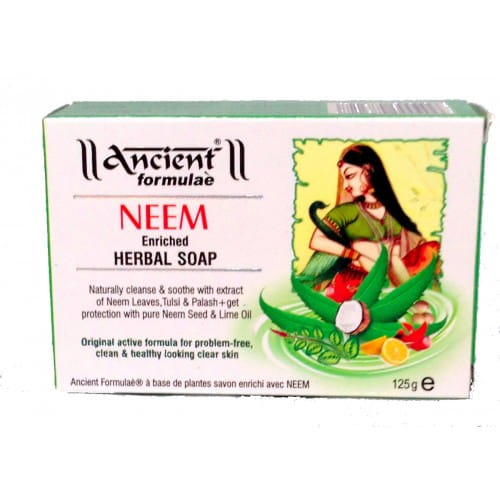 Indische Neem-Seife mit Honig, 75g, von Ancient Hesh, zeigt die Seife in natürlicher Form mit Honig- und Neem-Design.