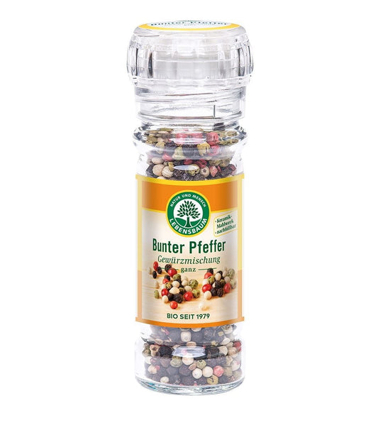 Bunte Pfefferkörner in einer Mühle, bio, 45 g, LEBENSBAUM, frisch gemahlen für Gewürzgerichte