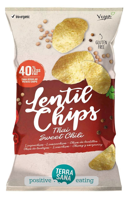 Bio Linsenchips mit Thai-Sweet-Chili-Geschmack, glutenfrei, in 75 g Packung, von TERRASANA, knusprig und würzig.