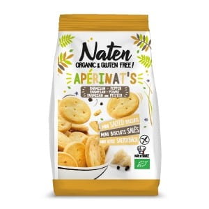 Glutenfreie Käsecracker mit Salz und Pfeffer von NATEN, 100 g, knusprige Bio-Knabberer mit würzigem Geschmack.