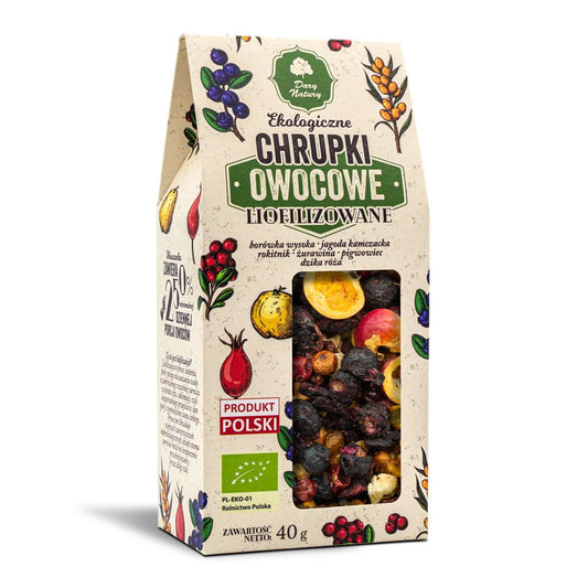 Gefriergetrocknete Bio-Fruchtchips von DARY NATURY, 40 g, knusprige Trockenfrüchte in natürlicher Präsentation.