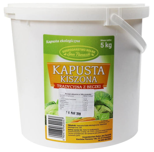 Bio Sauerkraut in 750 g Doypack von JAN PANASIK, frisch und naturbelassen, zeigt das offene, saure Kraut in der Verpackung