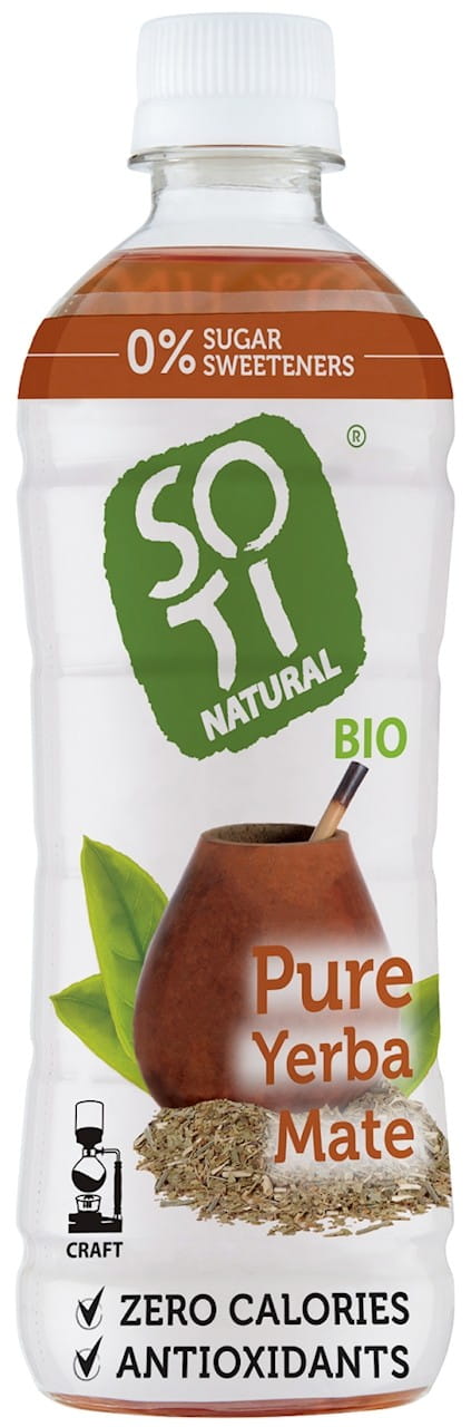 Glutenfreie Bio-Cold Brew Yerba Mate Infusion in 500 ml Flasche von SOTI, erfrischendes Getränk mit grüner Yerba Mate.