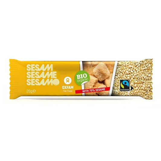 Bio Fair Trade Sesamriegel von OXFAM, 20 g, mit Sesam und natürlichen Zutaten, in Verpackung sichtbar