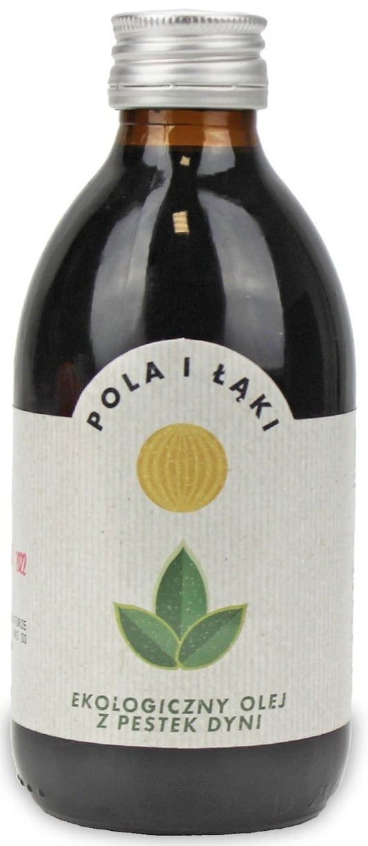 Kaltgepresstes Bio-Kürbiskernöl von BARWY ZDROWIA in 250 ml Flasche, dunkelgrüner Inhalt, ideal für gesunde Ernährung