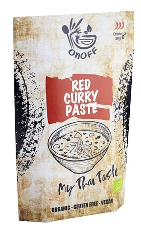 Glutenfreie rote Currypaste BIO von ONOFF SPICES, 50 g Beutel, sichtbarer Inhalt in der Verpackung