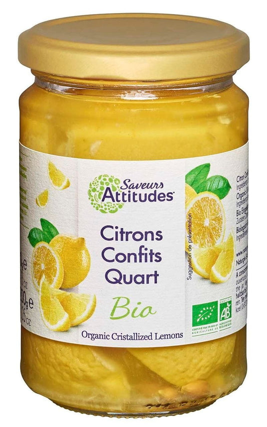 Bio eingelegte Zitronen von SAVEURS ET FRUITS, 300 g, mit frischer, gelber Zitronen in Olivenöl und Gewürzen.