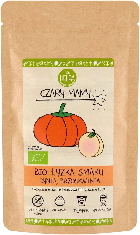 Gefriergetrocknetes Kürbis-Pfirsich-Pulver von HELPA, Bio, 40 g, zeigt das pulverisierte Produkt in einer transparenten Verpackung.