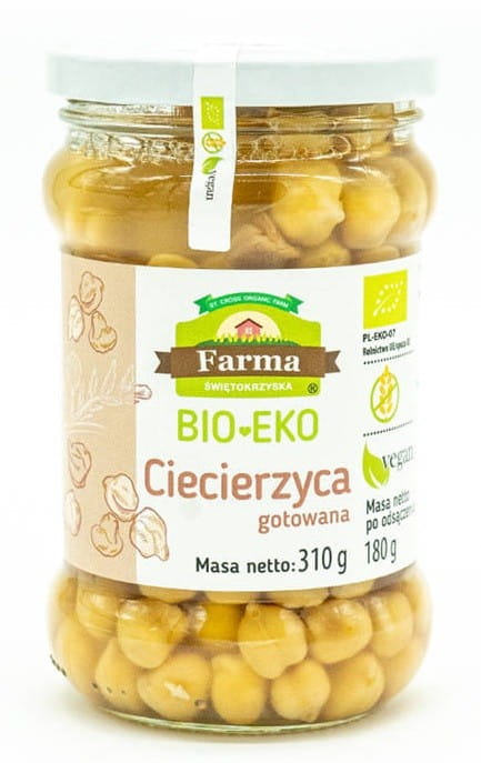 Glutenfreie Kichererbsen in Salzlake von FARMA ŚWIĘTOKRZYSKA, BIO, in 310 g Dose, sichtbare Kichererbsen in Salzlake