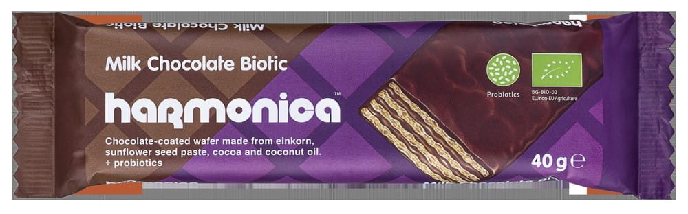 Waffel mit Milch- und Kakaocreme, überzogen mit Milchschokolade mit Probiotika BIO 40 g - HARMONICA