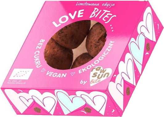 Himbeer-Valentinspralinen BIO von RAW SUN BITE, 52 g, mit fruchtiger Himbeernote, in eleganter Verpackung.