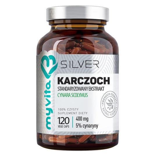 Artischockenextrakt 400 mg mit 5% Cynarin in 120 Kapseln, MYVITA SILVER, zeigt die Kapseln auf weißem Hintergrund