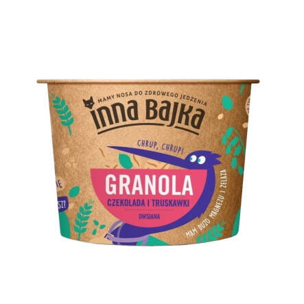 Knusprige Granola mit Hafer, Schokolade und Erdbeeren in 65 g Packung von INNA BAJKA, ideal für einen energiereichen Snack.
