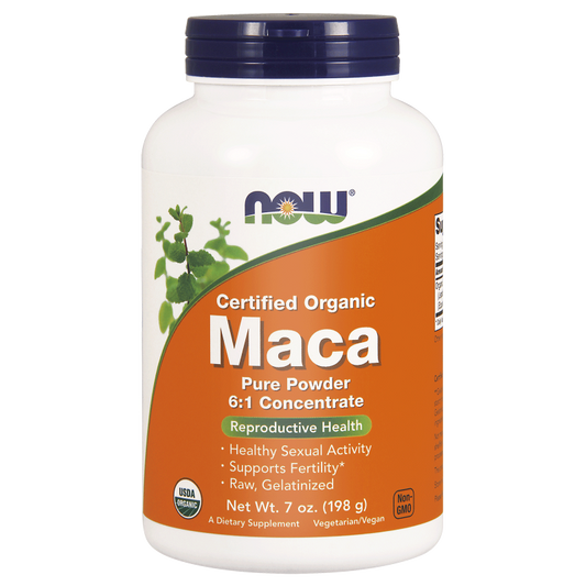 Bio-Maca-Wurzel-Extrakt 6:1 von NOW FOODS in 198 g, Nahaufnahme der Verpackung und der Maca-Wurzeln.