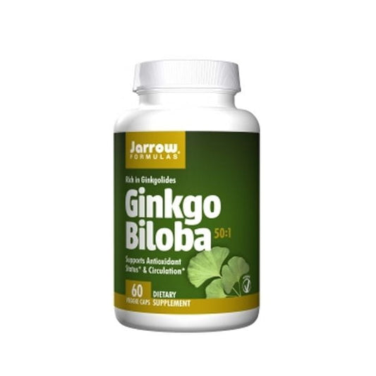 Japanische Ginkgo biloba Kapseln von JARROW FORMULAS, 60 Stück, detailreiche Ansicht der Verpackung und Kapseln.