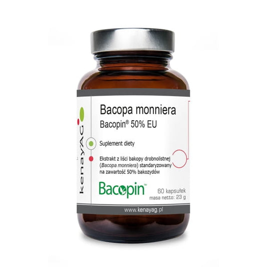 Bacopa monniera Bacopin Kapseln von KENAY in einer Packung, nahe aufgenommen, zeigt die Kapseln und Verpackung.