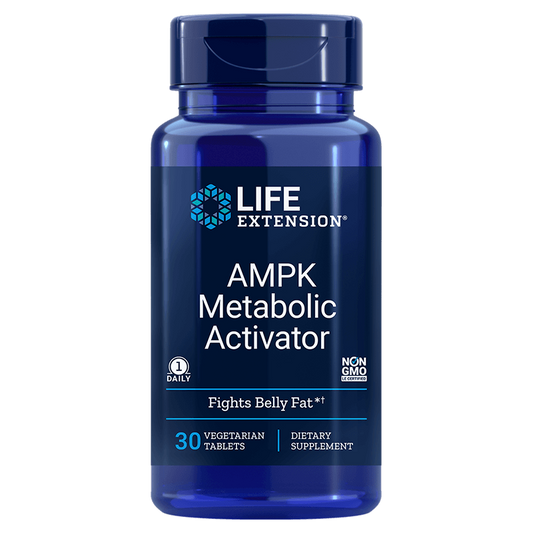 Ampk Stoffwechselaktivator von LIFE EXTENSION, 30 Tabletten, zeigt die Verpackung und das Produkt in einer natürlichen Darstellung.