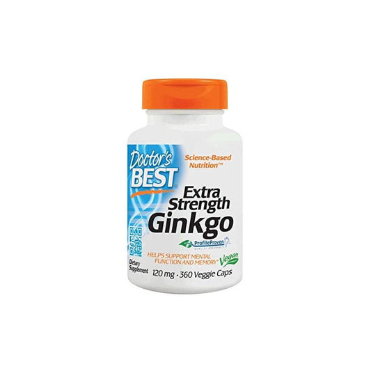 Ginkgo-Biloba-Extrakt in 360 Kapseln von DOCTOR'S BEST, Nahaufnahme der Kapseln in einer Packung