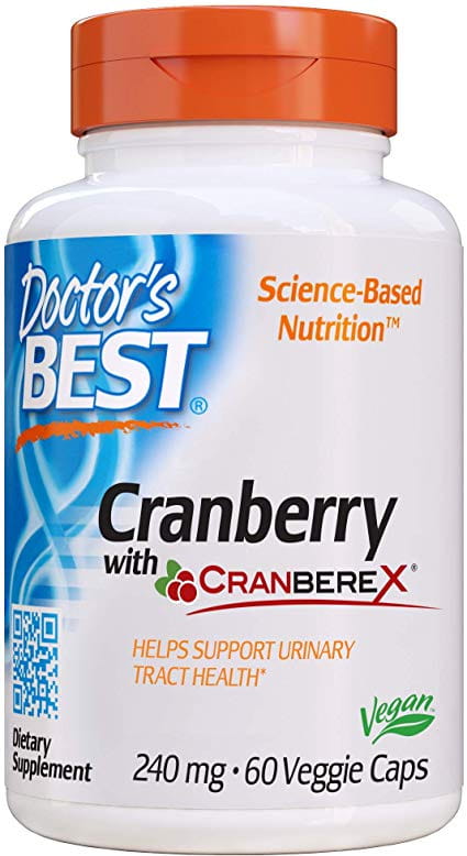 Kräuterergänzung Cranberry mit Cranberex 240 mg in 60 Kapseln, von DOCTOR'S BEST, zeigt die Kapseln auf der Verpackung.