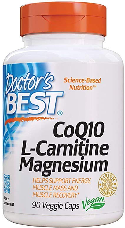 Hülsen mit Coenzym Q10, L-Carnitin und Magnesium von DOCTOR'S BEST, 90 Kapseln, Nahaufnahme der Produktverpackung