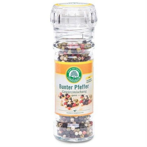 Bunte Bio-Pfeffermühle von LEBENSBAUM mit 45 g, zeigt die farbige Mühle aus nachhaltigem Material.