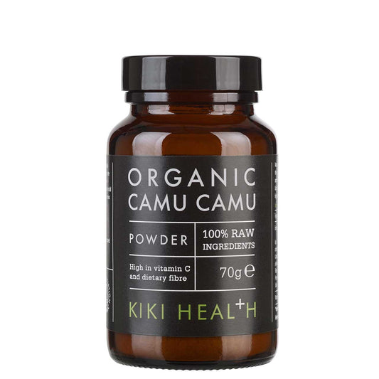 Bio Camu Camu Pulver von KIKI HEALTH in 70 g Packung, frisches Superfood mit Vitamin C, sichtbare Pulverform.