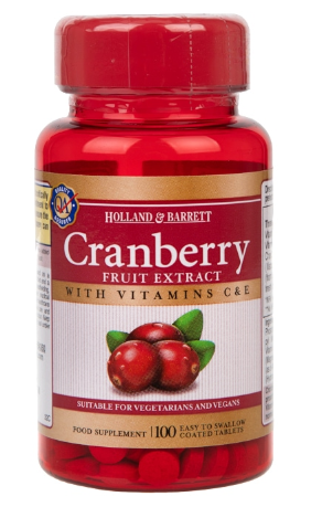HOLLAND & BARRETT Cranberry-Fruchtextrakt Tabletten, 100 Stück, Nahaufnahme der weißen Tabletten in einer Packung