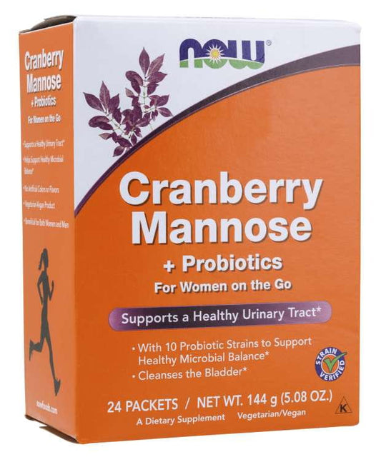 Cranberry-Mannose und ProbioTICs Pulver von NOW FOODS in 24 Beuteln, Nahaufnahme der Verpackung und einzelnen Portionsbeutel