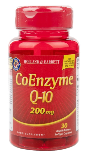 Holland & Barrett Coenzym Q10 200 MG Kapseln, 30 Stück, Nahaufnahme der braunen Kapseln in einer Packung
