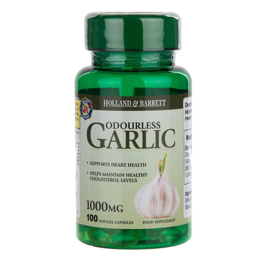 Geruchloser Knoblauch in 100 HOLLAND & BARRETT Kapseln, weißer Flaschenverschluss, Produktbild vor weißem Hintergrund