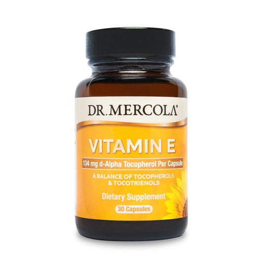 Vitamin E Kapseln von DR. MERCOLA, 30 Stück, in einer weißen Verpackung auf einem weißen Hintergrund.