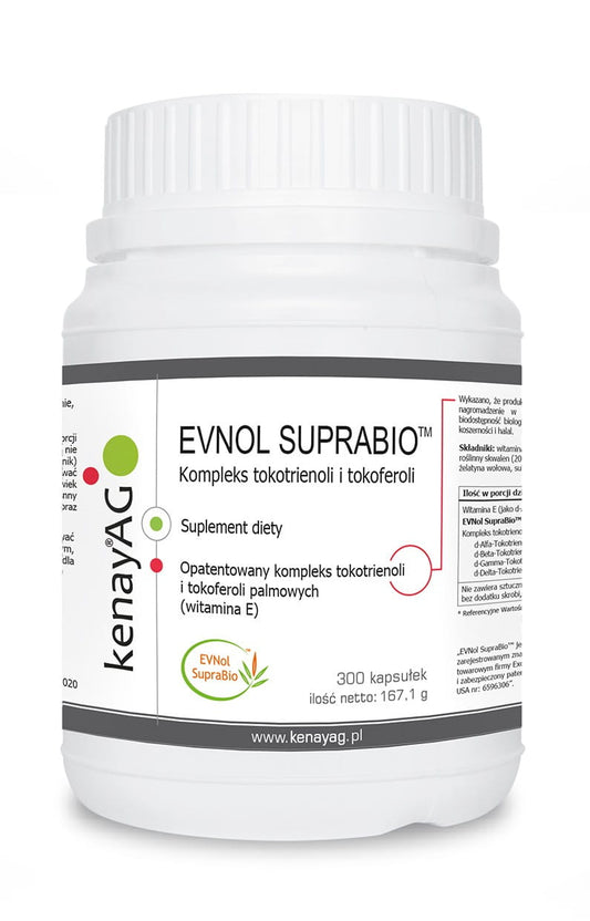 Evnol supraBIO 300 Kapseln von KENAY, Nahaufnahme der dunkelblauen Kapseln in einer Dose auf weißem Hintergrund.