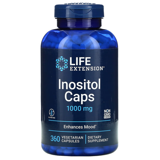 Inositol 1000 MG Kapseln von LIFE EXTENSION, Nahaufnahme der weißen Kapseln in einer offenen Packung.