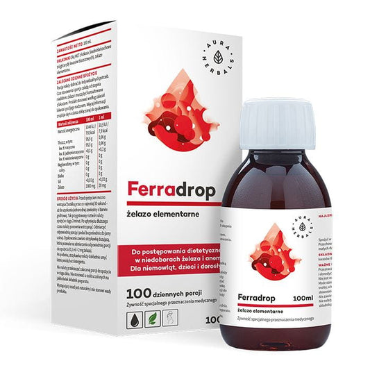 Flaschenbild von Ferradrop Elementares Eisen von AURA HERBALS in 100 ml Flasche auf weißem Hintergrund