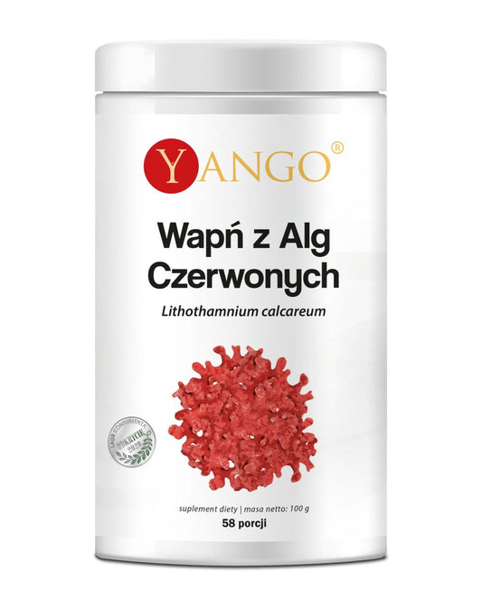 Calcium aus Rotalgen von YANGO, 100g, in einer offenen Packung mit Calciumtabletten und Rotalgen.